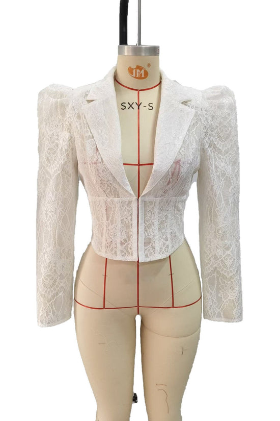 White lace waist cinched bubble sleeve shirt top 