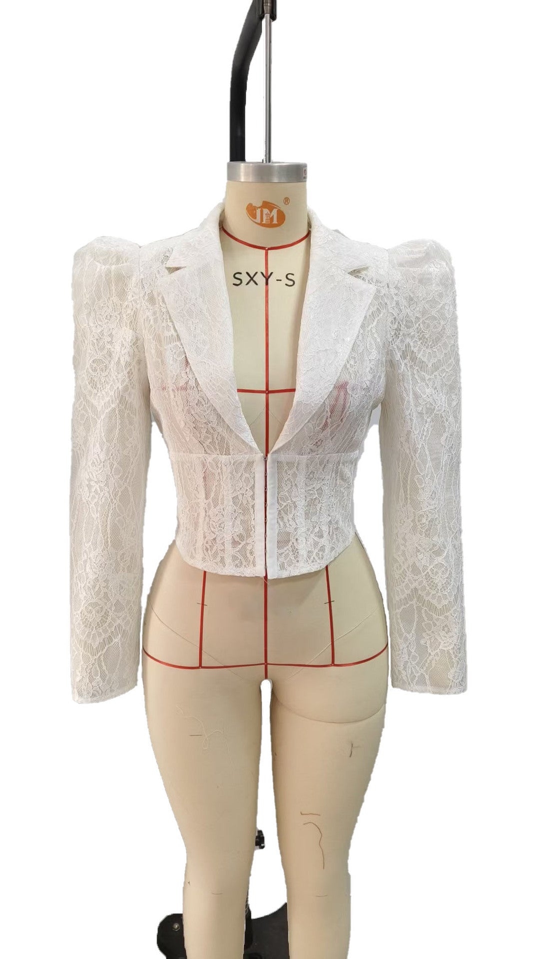 White lace waist cinched bubble sleeve shirt top 