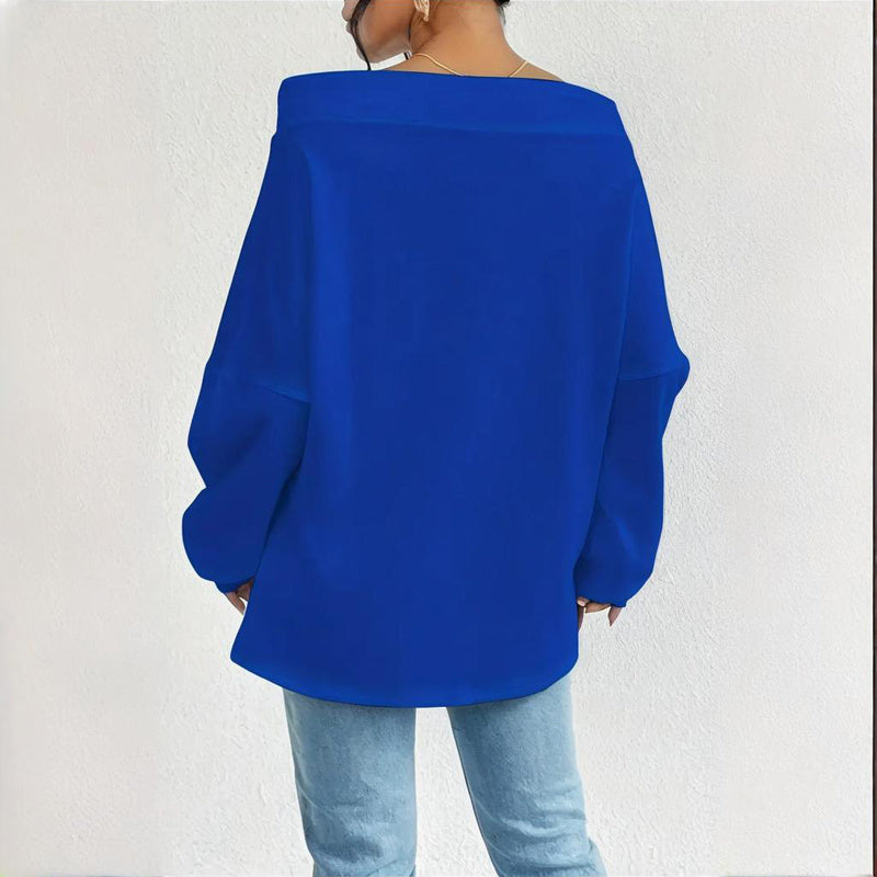 Plus Size Women's Solid Color Off-Shoulder Long Sleeve Pullover With Drawstring - Casual Ribbed Detail Top For Spring&Fall CJ US