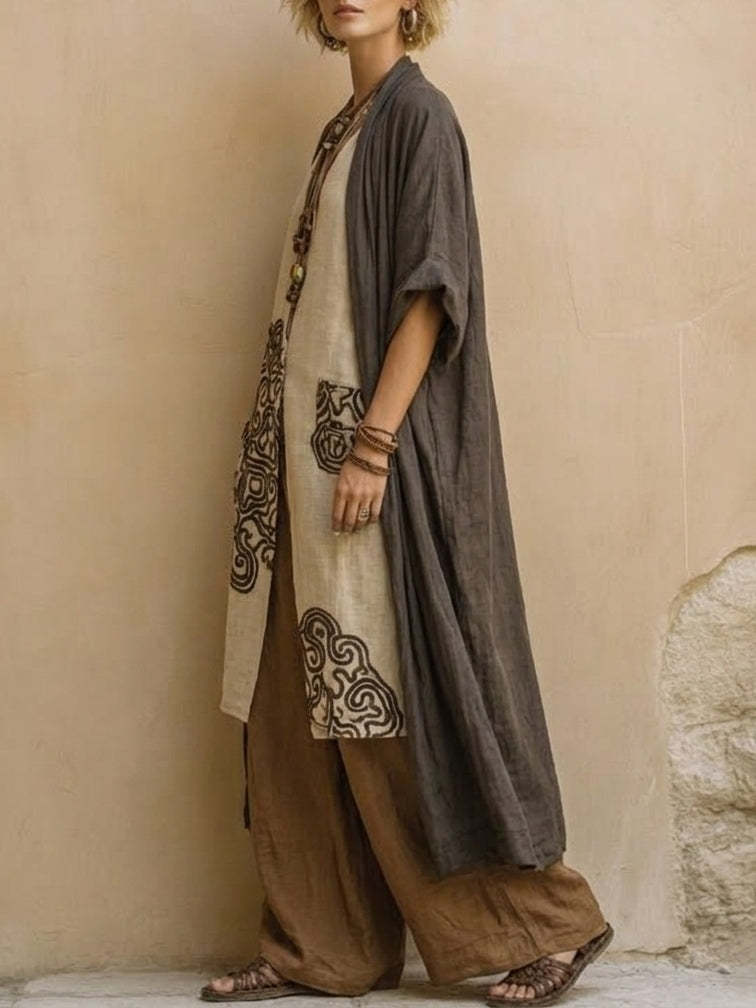 Loose Embroidered Long Robe Two-Piece Set for Women, Casual Wide-Leg Pants Outfit, Fashionable and Trendy 