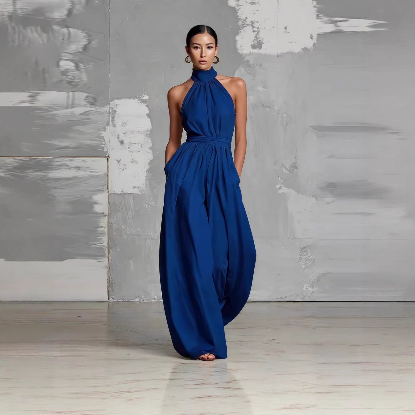 Fashionable And Elegant Belted Pleated Jumpsuit With A Cinched Waist 