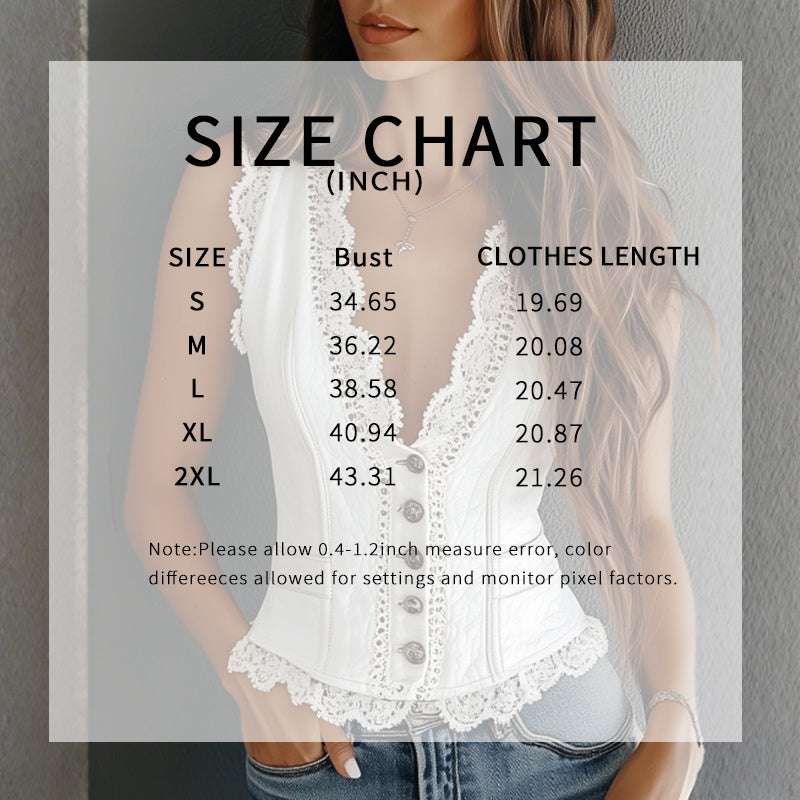 Women's Lace Trim Button Down Crop Top Sleeveless Slim Fit Tank Vest 