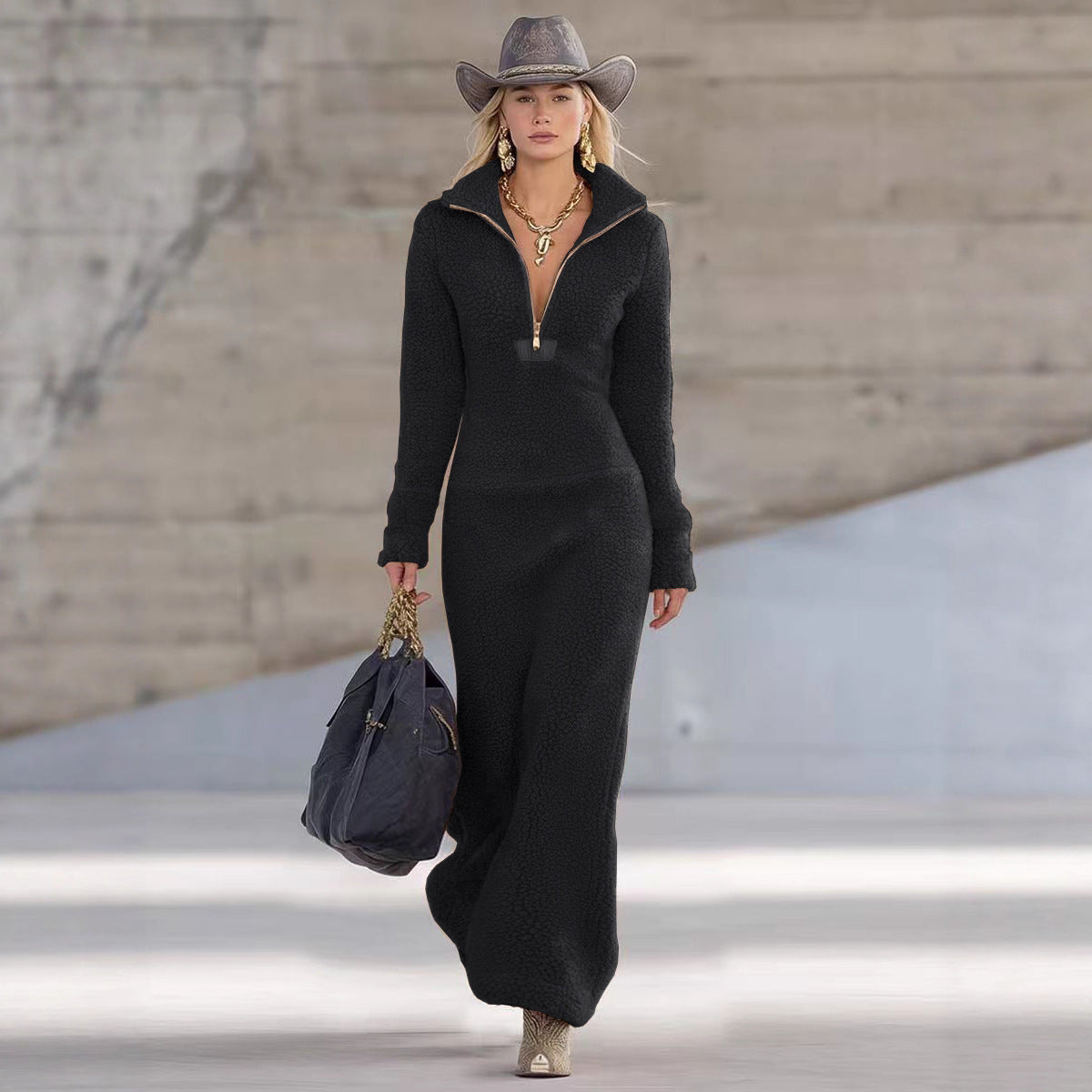 Stand up collar long sleeved dress for women 