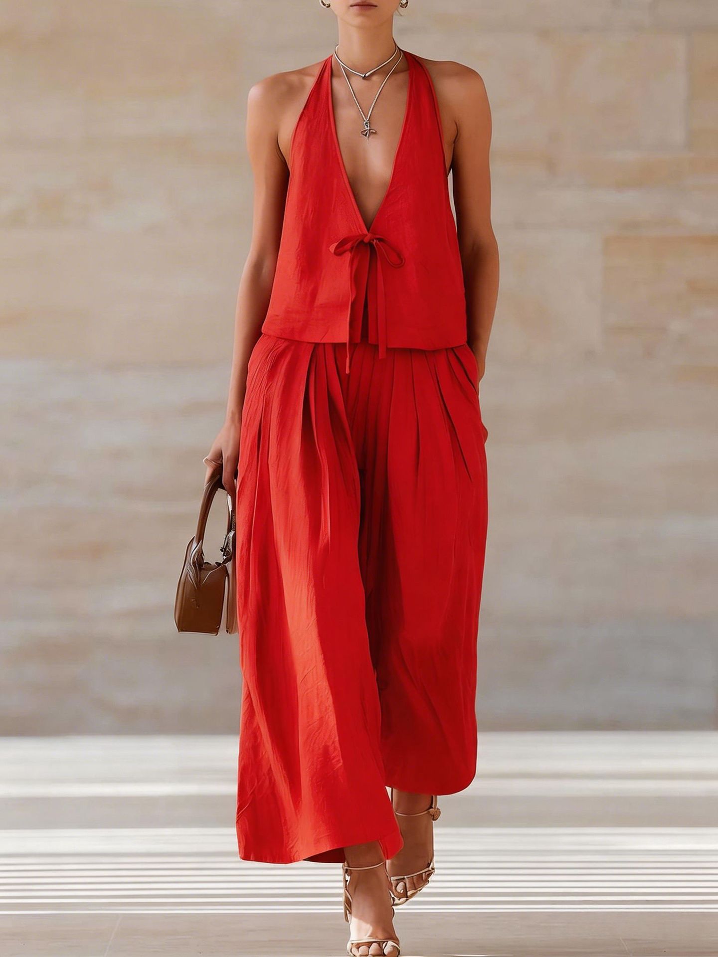 Fashionable Casual Sleeveless Vest And Loose Wide-Leg Pants Womens Set 