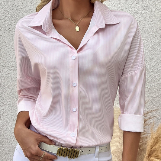 Women's Striped Lapel Long Sleeved Shirt Top CJ US