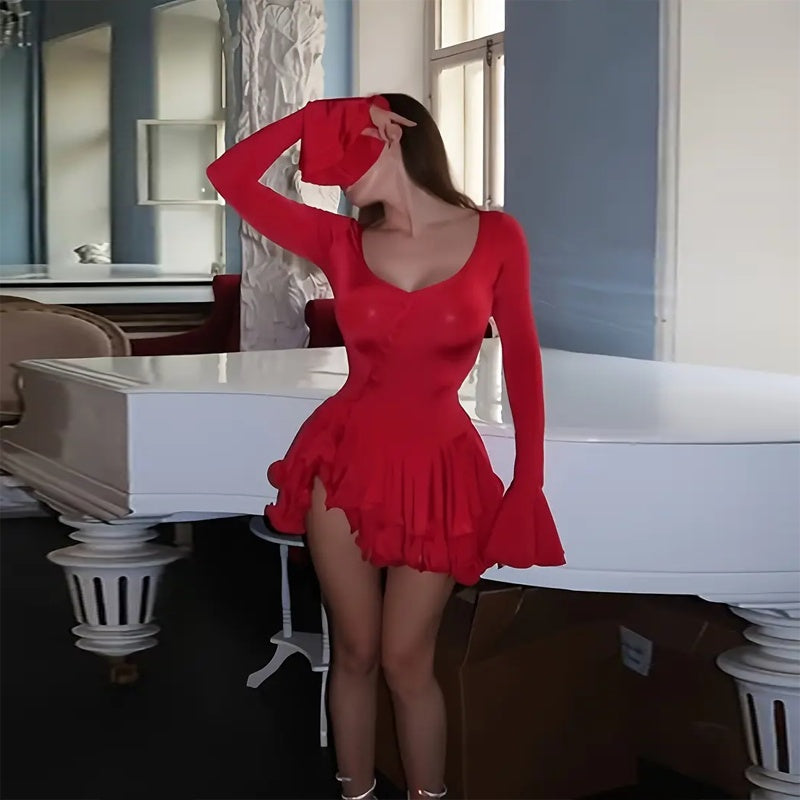 Women's Sexy Deep V-Neck Mini Dress With Flared Sleeves, Short Button Front Ruffle Hem Bodycon Dress CJ US