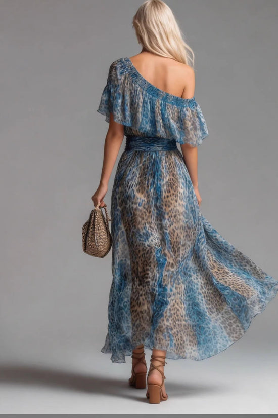 Blue-toned Leopard-print Chiffon Off-shoulder Dress For Women 