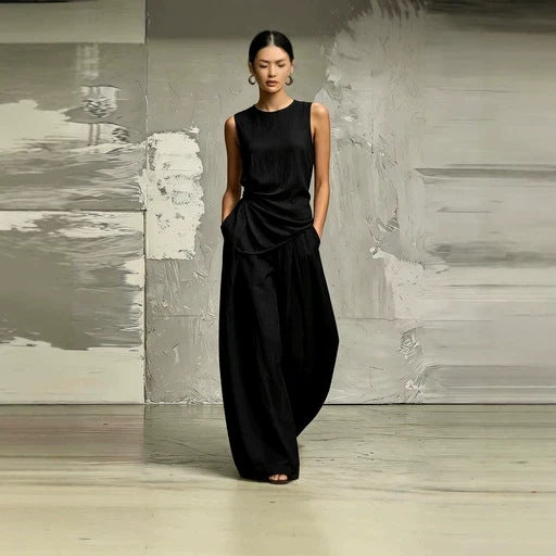 Womens Round-Neck Loose Sleeveless Top And High-Waist Pants Two-Piece Set 