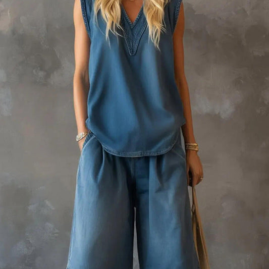 Womens V-neck Sleeveless Loose Top And Casual Wide-leg Shorts Set 
