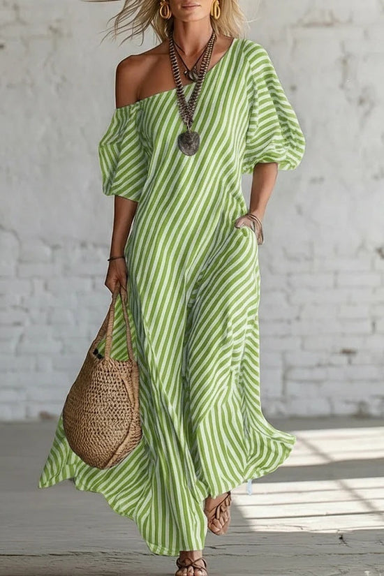 Spring Elegant Striped Off-Shoulder Dress 