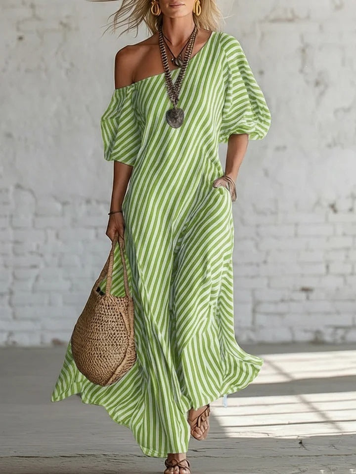 Spring Elegant Striped Off-Shoulder Dress 