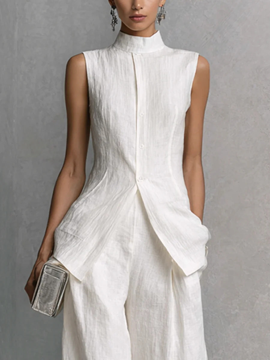Solid color sleeveless pants set 