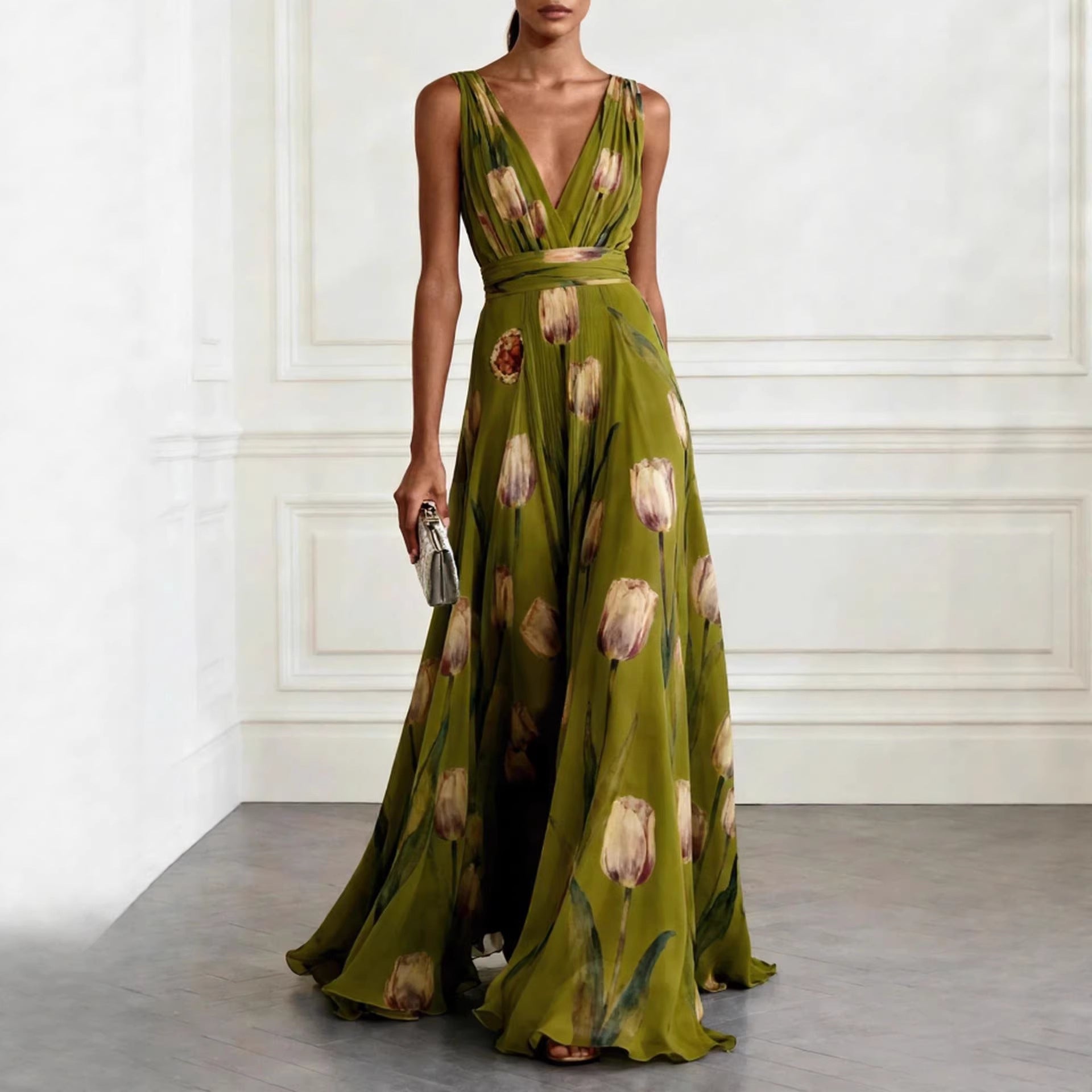 Elegant Tulip Print Evening Dress for Women Sleeveless V-Neck Chiffon Long Dress 