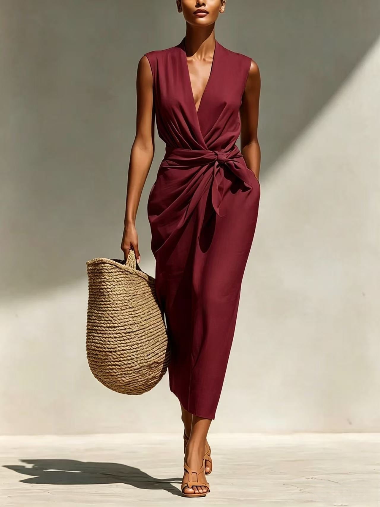 Solid-color Sleeveless Cotton-linen Feel Midi Dress 