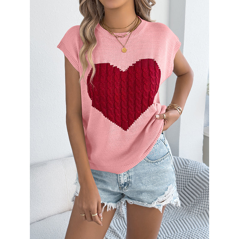 Women's Heart Color Block Knit Top - Casual Sleeveless Valentine Shirt 