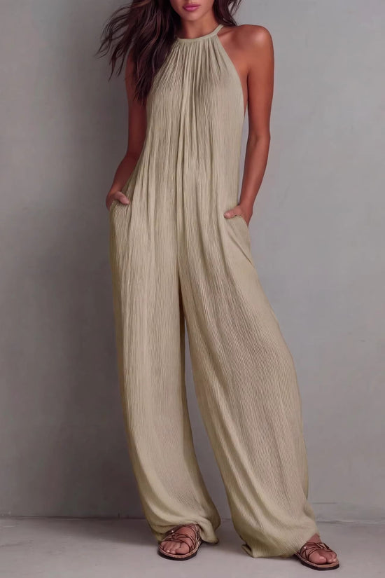Resort-style White Pleated Open-back Wide-leg Jumpsuit 