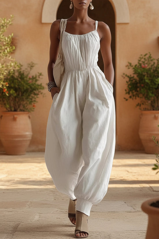 Womens Sleeveless Cotton-Linen Blend Jumpsuit 
