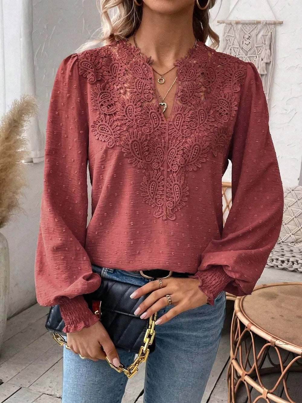 Swiss Dot Lace Detail Notched Long Sleeve Blouse 