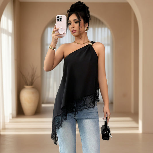 Slanted shoulder metal buckle lace patchwork irregular loose vest for women 