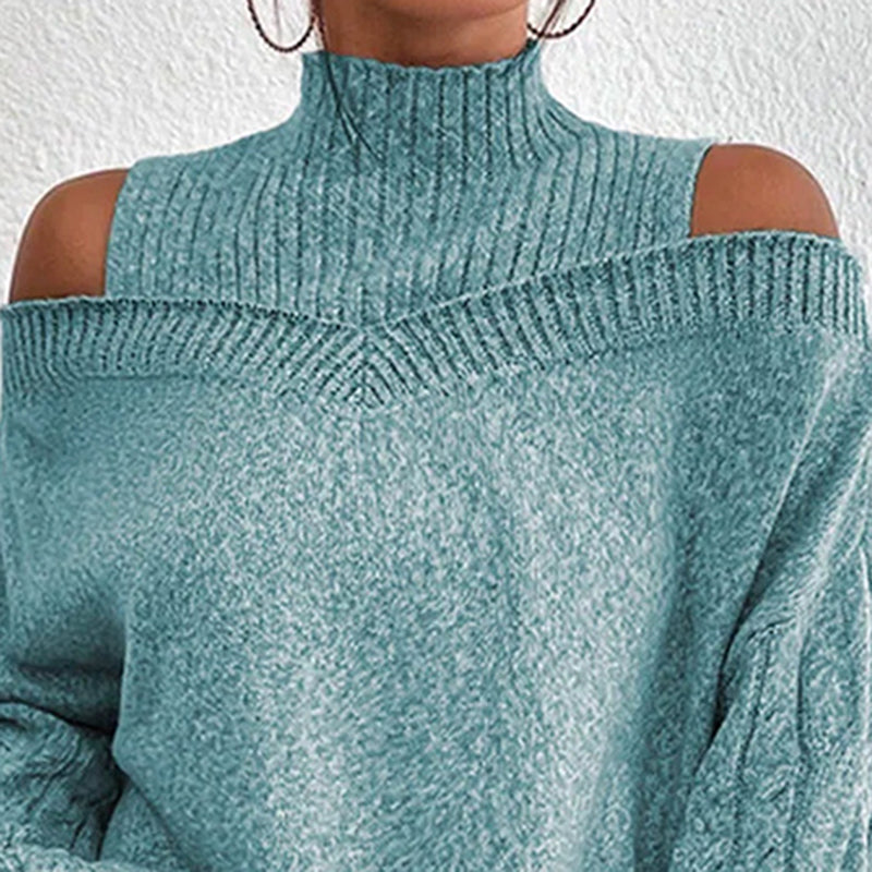 Women's Cold Shoulder Sweater - Sexy High Neck Cut Out Pullover Long Sleeve Top 