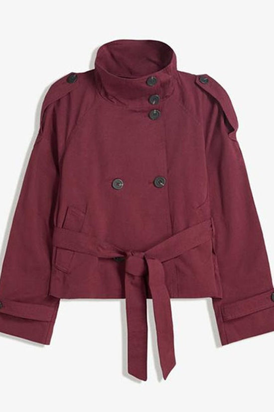 Womens Buttoned Waist-Cinching Lace-Up Trench Coat 