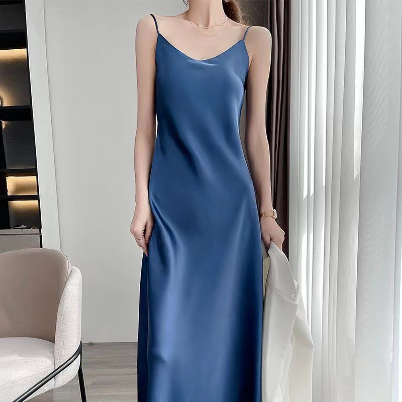 New Style French-Style Summer Acetate Satin Loose Strap Long Dress 