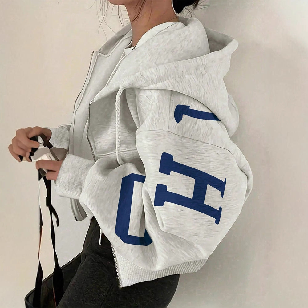 Long-sleeve Zip-up Casual Sweatshirt With A Printed Design 