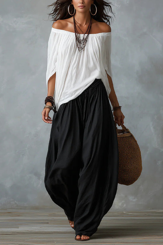 Fashion One-Shoulder T-Shirt with Wide-Leg Pants Set for Women, Elegant Two-Piece Long Sleeve Casual Outfit 