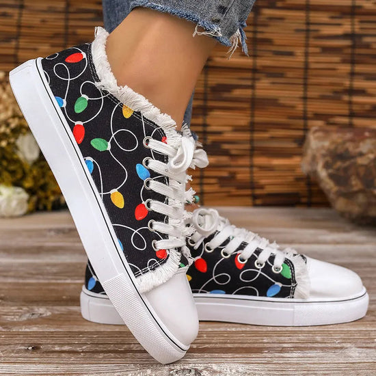 Raw Hem Printed Round Toe Sneakers 