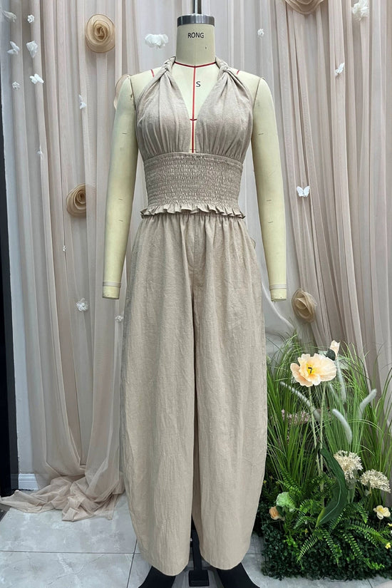 Hanging neck V-neck short top+loose lantern pants linen two-piece set for women 