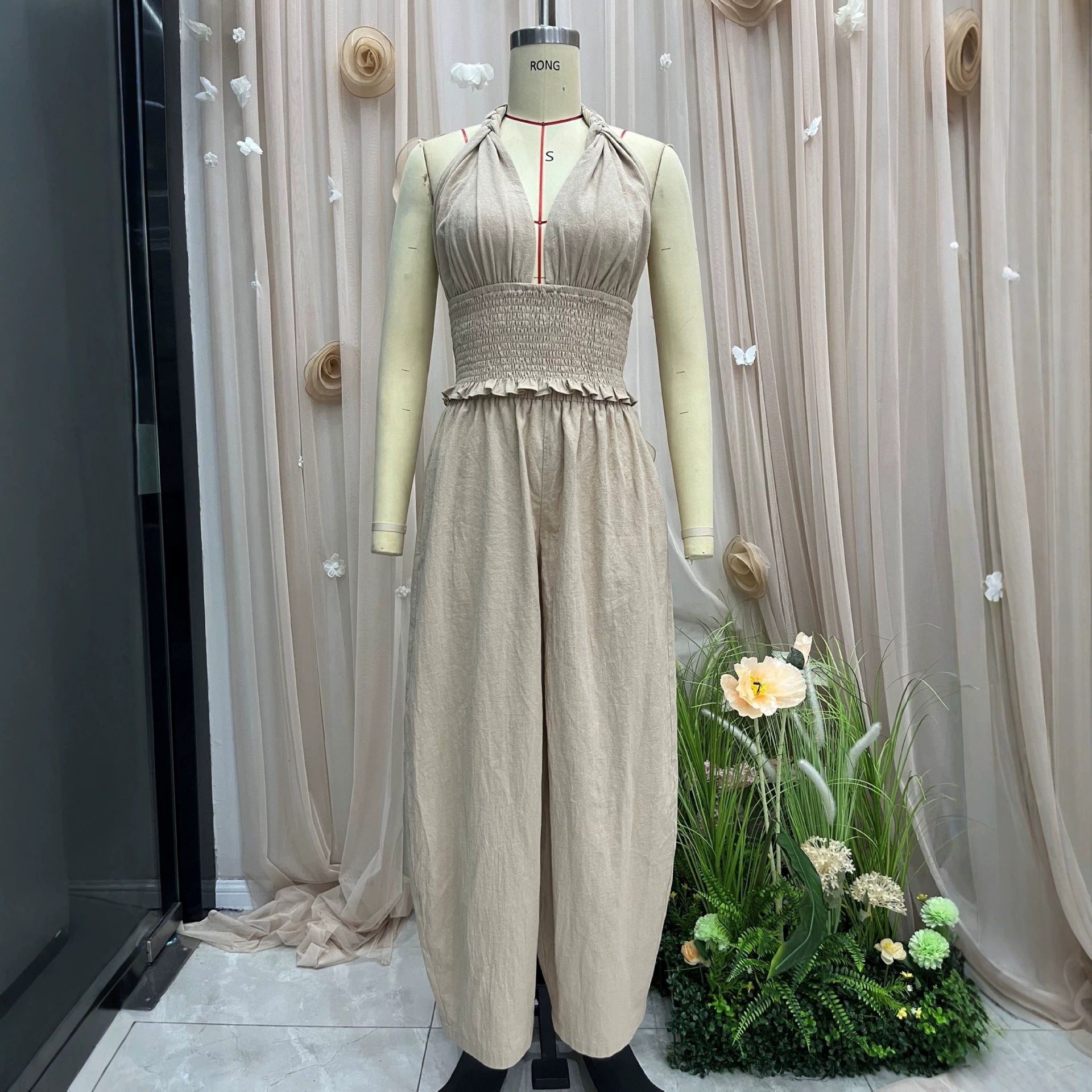 Hanging neck V-neck short top+loose lantern pants linen two-piece set for women 
