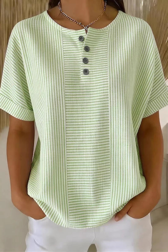 Casual Solid Color V-Neck Buttoned Striped Cotton-Linen T-Shirt 