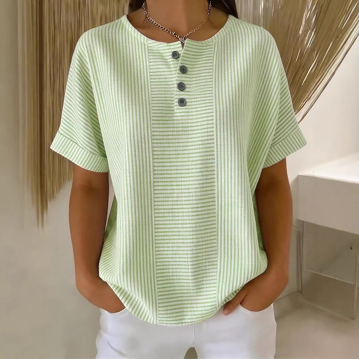 Casual Solid Color V-Neck Buttoned Striped Cotton-Linen T-Shirt 