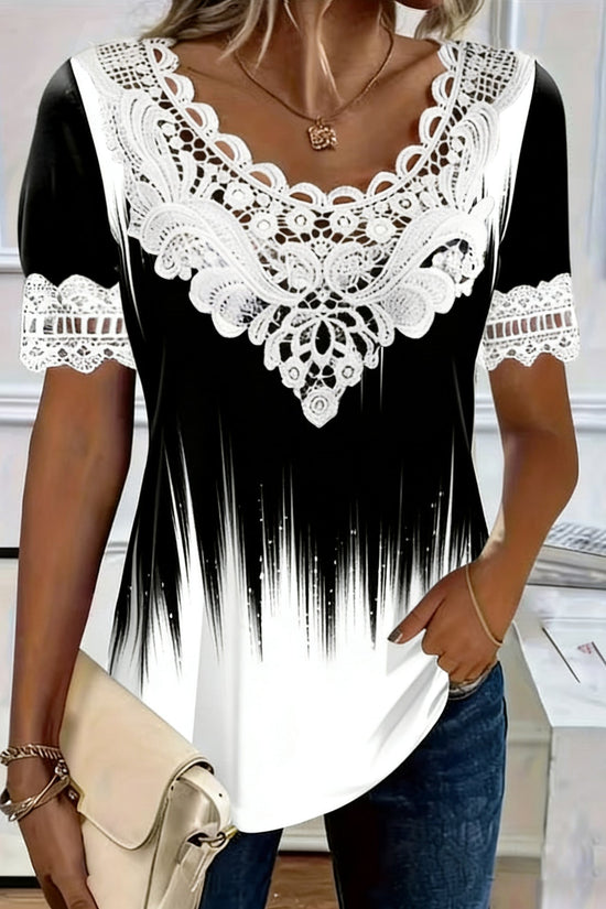 Women's Lace-Patchwork Crew-Neck Short-Sleeve T-Shirt 