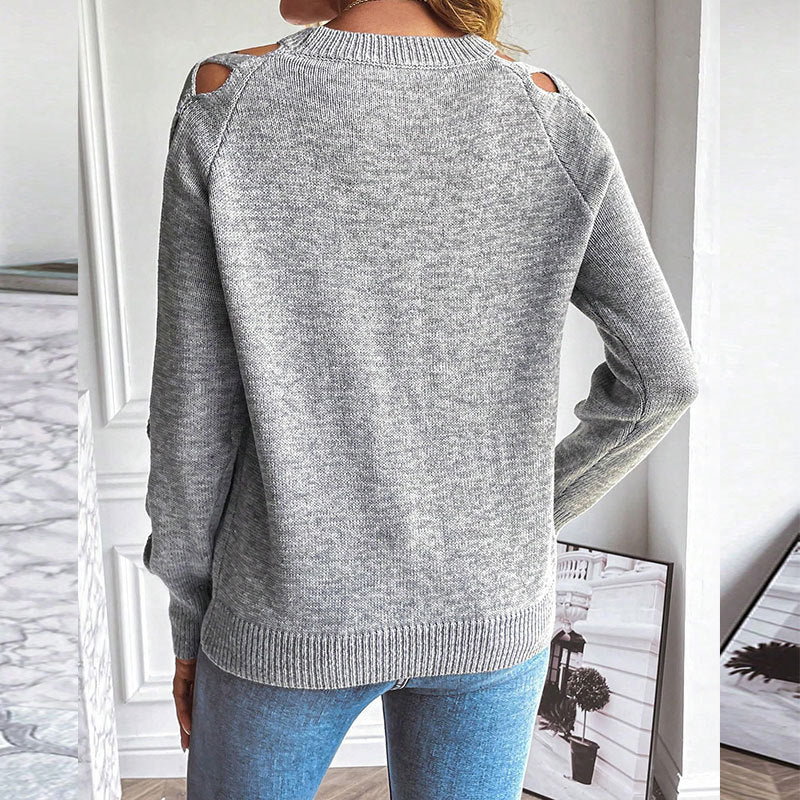 Women's Casual Long Sleeve Hollow Out Sweater, Trendy Chic Crewneck Openwork Knit Pullover Top For Fall CJ US