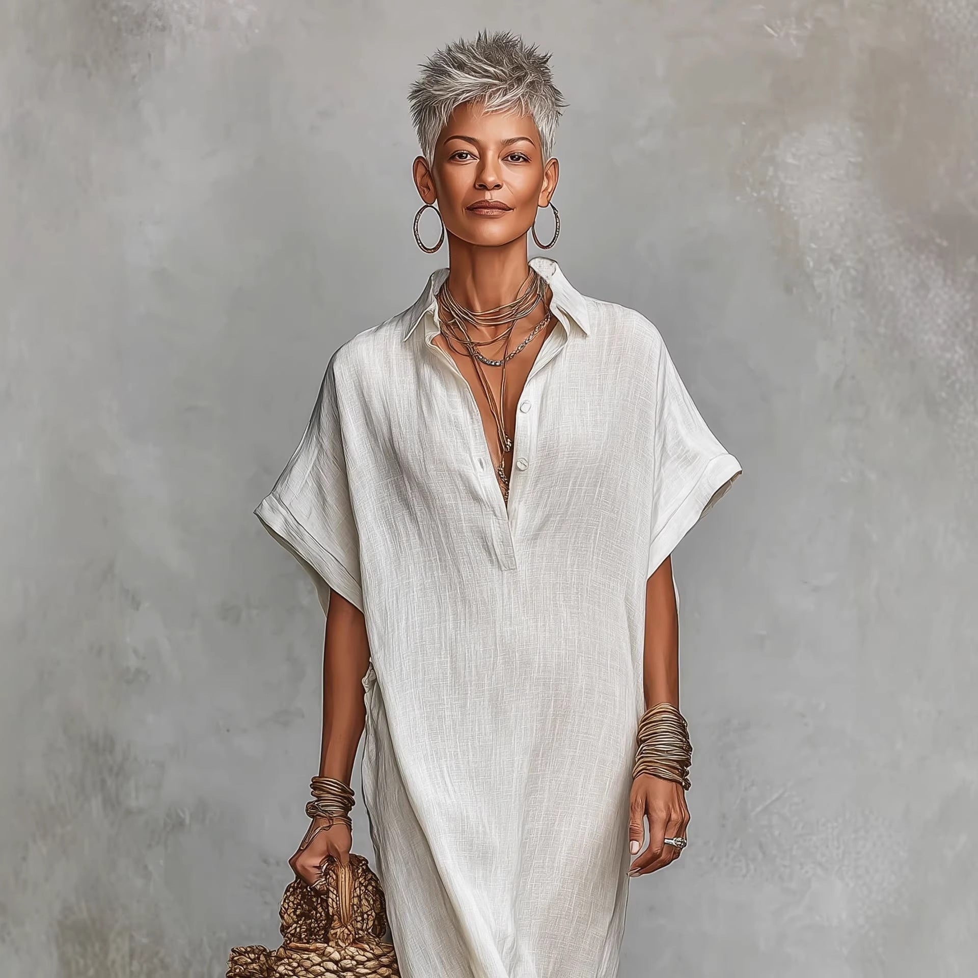 Womens Loose Long Batwing-Sleeve Dress 