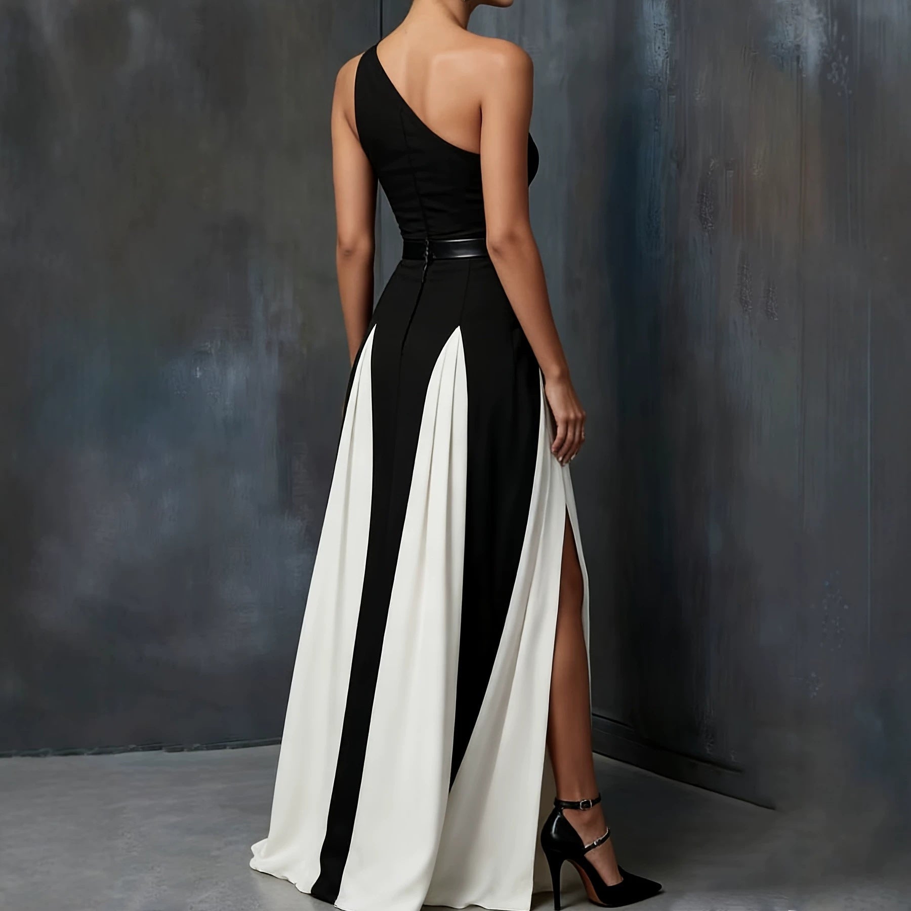 Elegant Single Shoulder Black and White Long Dress, Fashionable Chic Black and White Split Strap Dress 