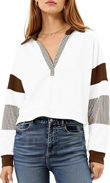 Color‑Block Cropped Polo V‑Neck Sweatshirt CJ US