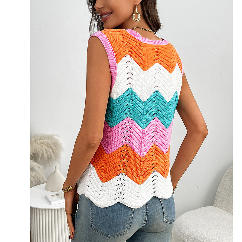 Womens Summer Rainbow Striped Sweater Vest Sleeveless Knit Crew Neck Color Block Going Out Cropped Tank Top CJ US