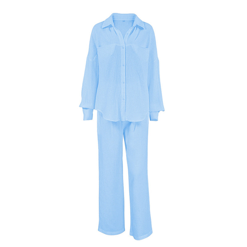 Women's Casual Solid Color Lounge Set - Loose Fit Long Sleeve Top & Pants With Chest Pockets Comfortable Home Wear CJ US