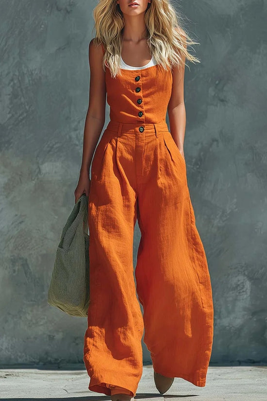2026 European And American Cross-border Foreign Trade New Style Retro Button Front Opening High Waist Wide Leg Jumpsuit 