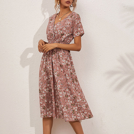 Women's V-Neck Floral Print Dress - A-Line Waisted Summer Maxi Dress CJ US