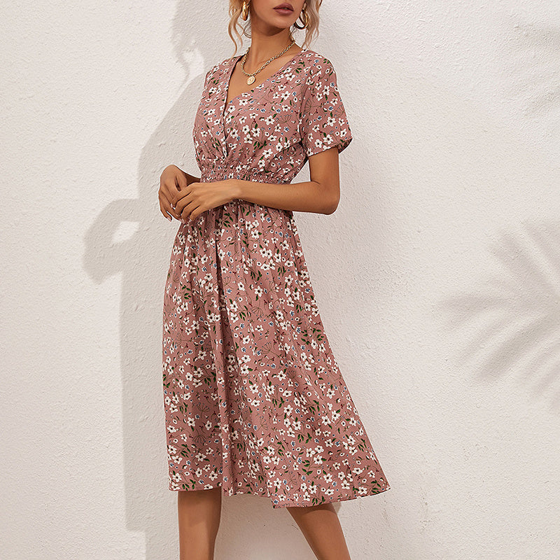 Women's V-Neck Floral Print Dress - A-Line Waisted Summer Maxi Dress CJ US