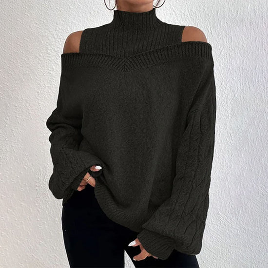 Women’s Elegant Off-Shoulder Turtleneck Sweater — Long Sleeve Knit Top 