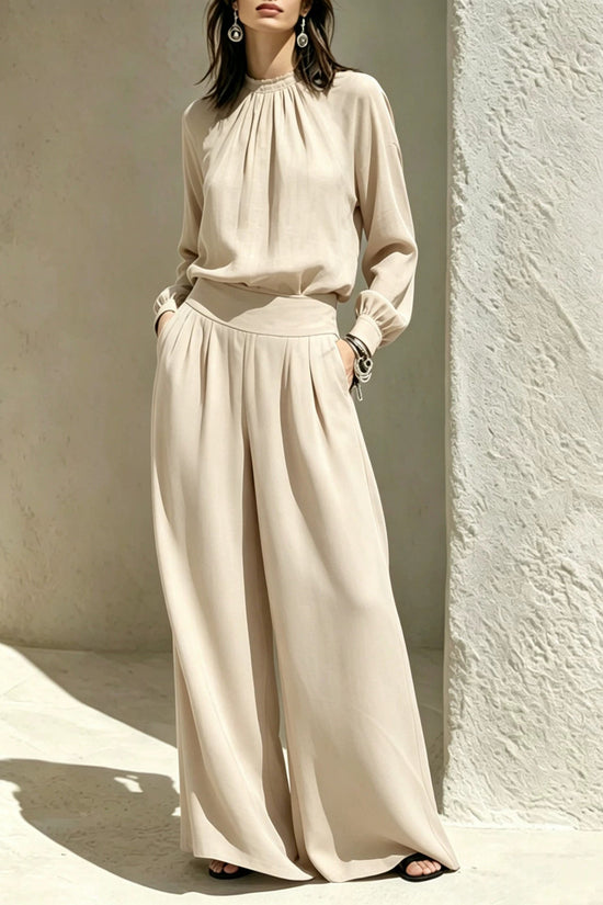 Casual Solid Color Long Sleeve Stand-up Collar Loose Fit Women's Fashion Set BlouseWide-leg Pants 