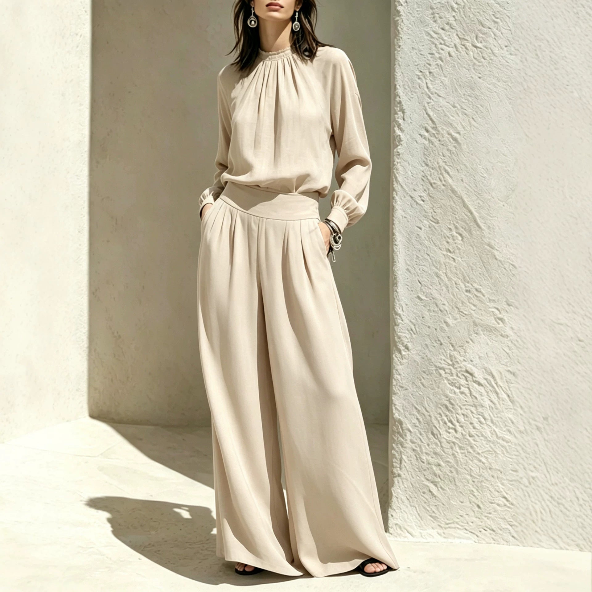 Casual Solid Color Long Sleeve Stand-up Collar Loose Fit Women's Fashion Set BlouseWide-leg Pants 