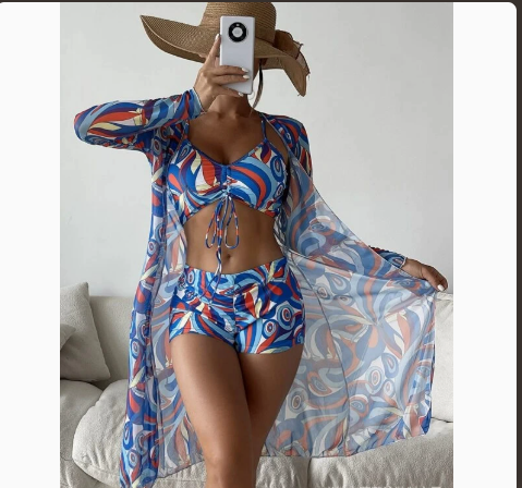 Fashionable Sexy Mesh Cover-Up with Leg-Length Briefs Three-Piece Swimwear Set for Women 