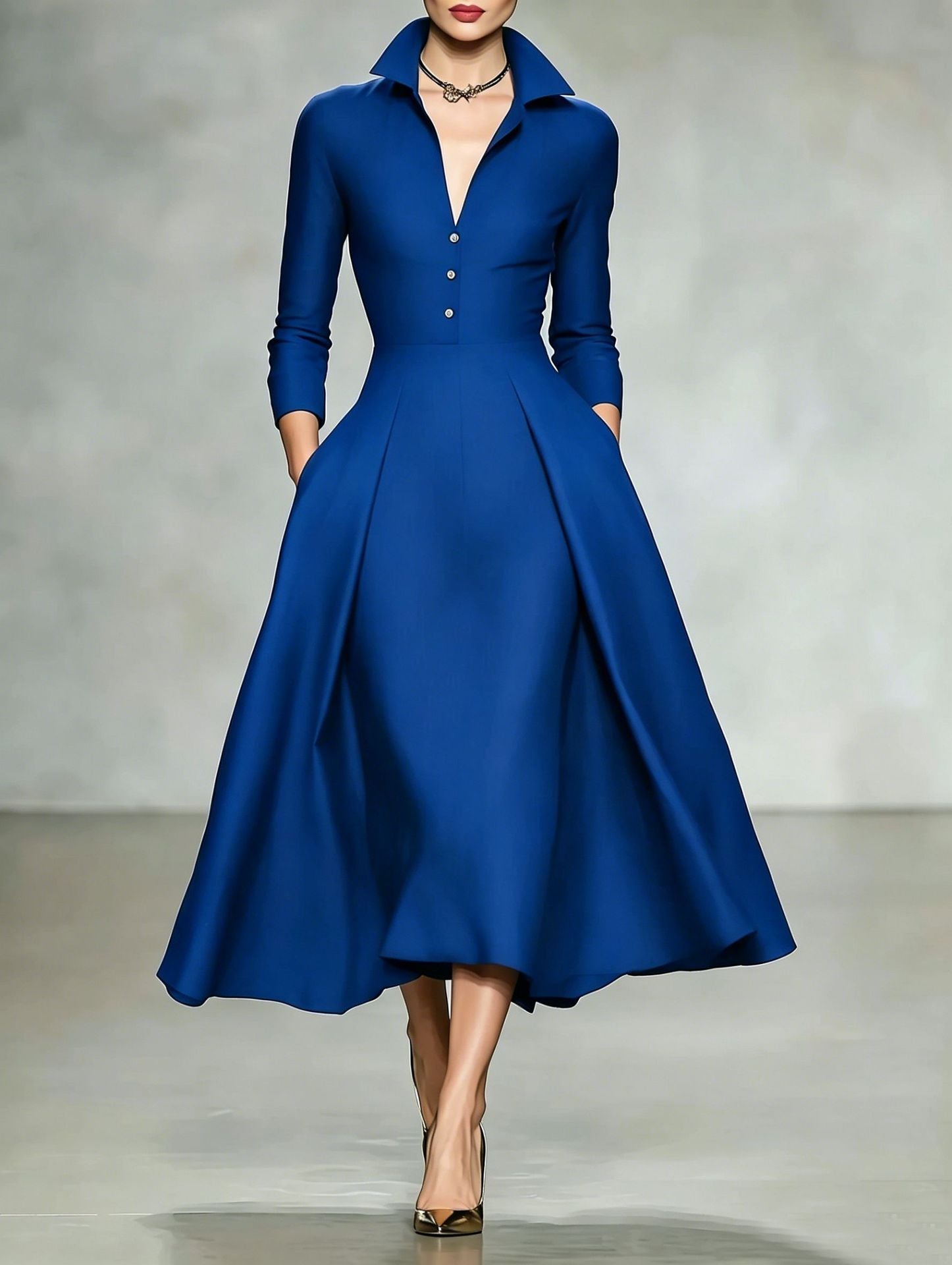 V-neck waist cinched long sleeved dress 