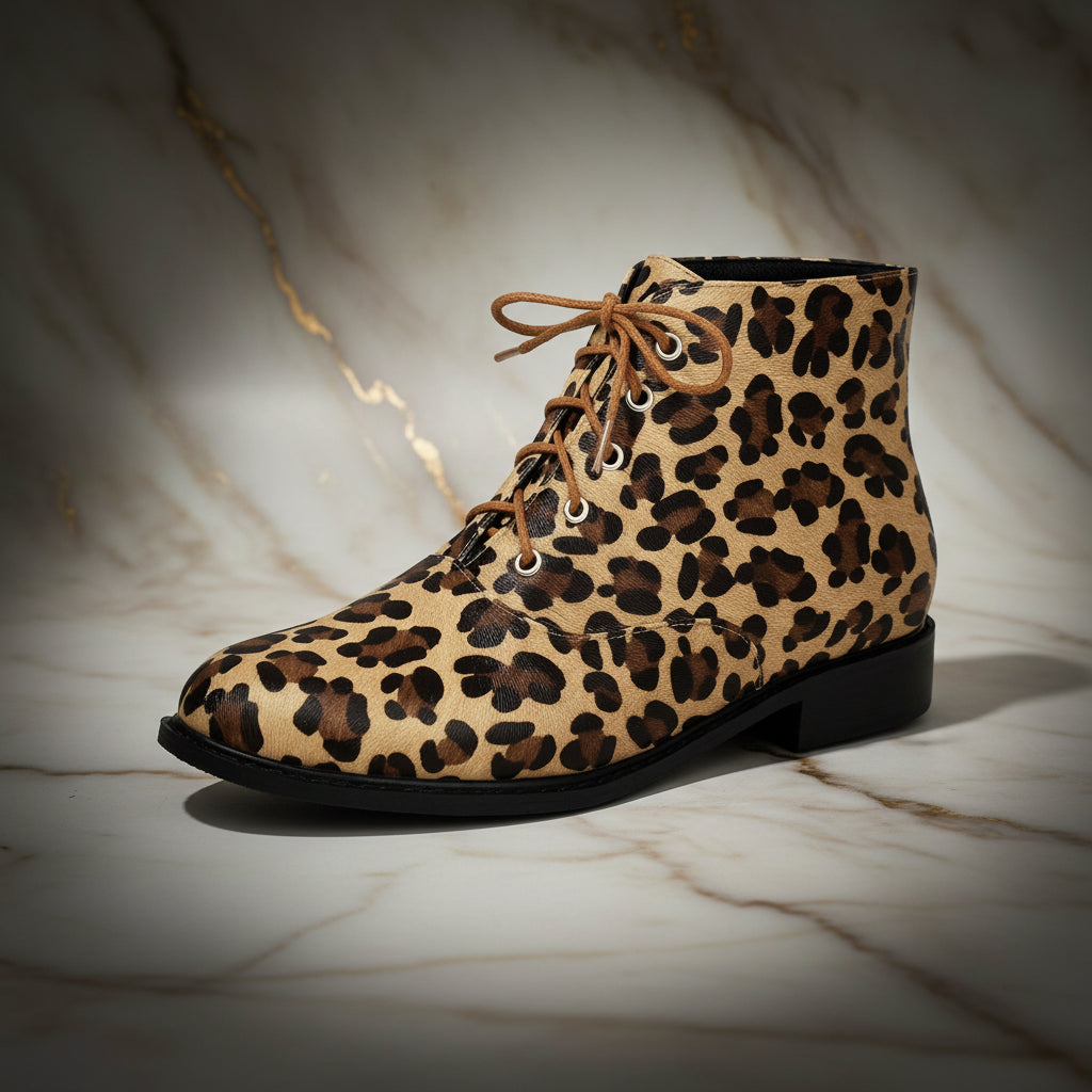 Autumn/winter casual low heel leopard print  extra large size lace-up low-cut Martin boots Made to order, ships in 7 days 