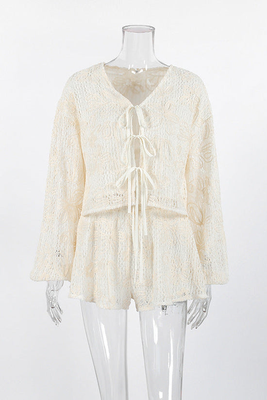 V-neck long sleeved lace up top and shorts two-piece set 